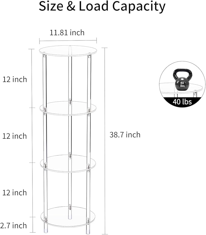 Clear Round Acrylic Side Table for Small Spaces, 11.81" L x 11.81" W x 38.7" H, 4 Tier Small Modern Drink End Table Nightstand, Minimalist Bedside Table for Living Room, Bedroom, Bathroom