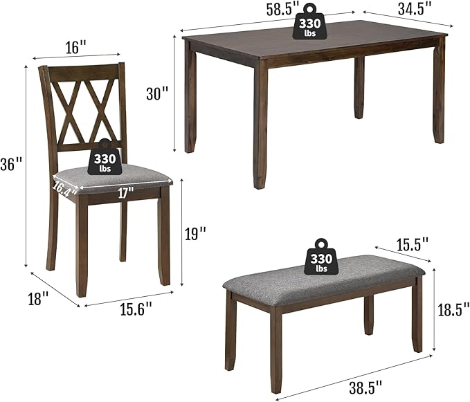 6-Piece Solid Wood Dining Table Set, Dining Table & Chair Set for 6, Including 1 Dining Table, 4 Upholstered Chairs and 1 Bench, Dining Table Set for Dining Room & Kitchen, Walnut