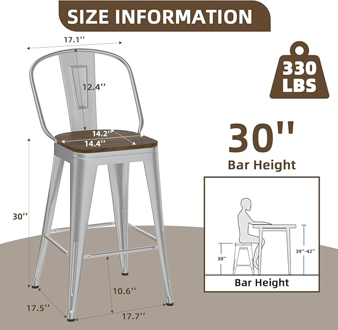 30” Swivel Bar Stools Set of 4, Counter Height Bar Stools Wooden Seat, Metal Industrial Bar Chairs with High Back for Kitchen Island (Silver)