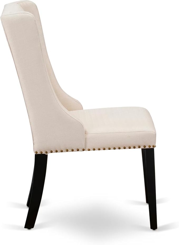 NKFO7-SBB-01-7-Piece Dining Set Consists of a Dining Table and 6 Cream Linen Fabric Kitchen Chairs & Black Legs with Button Tufted Back - Sand Blasting Black Finish.