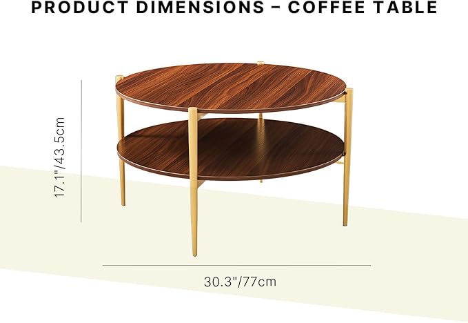 Shrine Round Glass Coffee Table, Mid-Century Modern Design, D30 x H17 in, Two-Tier Round Table with Walnut MDF Shelves, Sleek Conical Metal Legs with Gold Finish