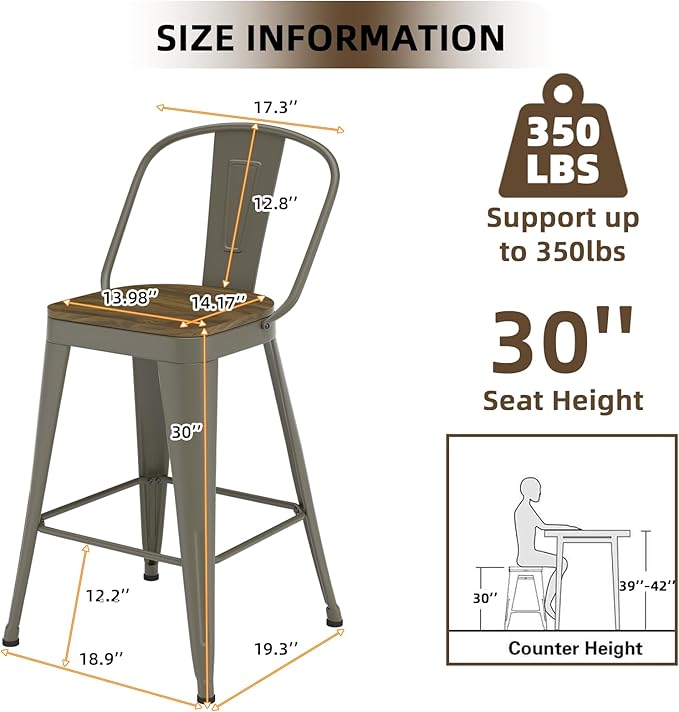 Metal Bar Stools Set of 4, High Back Bar Stools with Wooden Seat, 30 inch Rusty Barstools for Kitchen Island