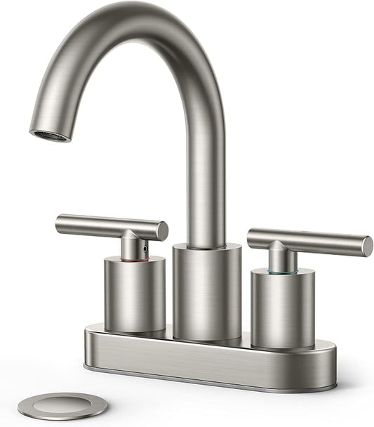 FORIOUS Brushed Nickel Bathroom Faucet 2 Hole, 4 Inch Centerset Bathroom Sink Faucet Brushed Nickel with Metal Dain, 24" CUPC Hoses, 360° Swivel Gooseneck for RV Basin