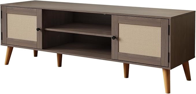TV Stand for TVs up to 65 inches, Rattan Grain Finish Panel with 2 Storage cabinets, Modern Minimalist Style, Living Room, Audio-Visual Room for Multiple Rooms,3 Colors Available (Oak)