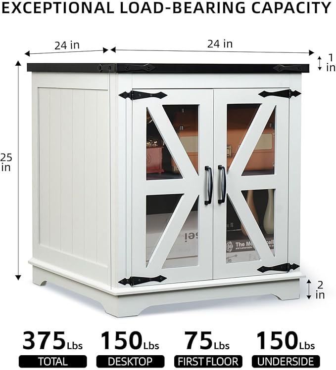 Farmhouse End Table, 24" Large End Tables with Storage, Rustic Square Sofa Beside Table with Glass Barn Door, Wood Side Table Square Nightstand for Living Room, Bedroom, Office (White)