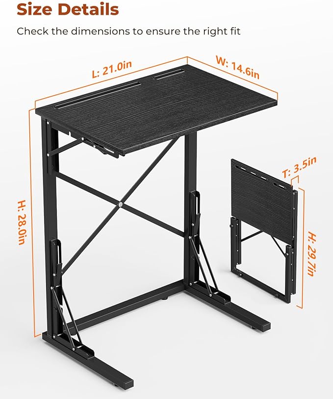 21''Wx28''H Folding TV Tray for Eating, Small Foldable C-Shaped Tray Table with Tablet and Phone Slots, Slide Under Couch Side Table for Recliner, Living Room, Bedroom, Black