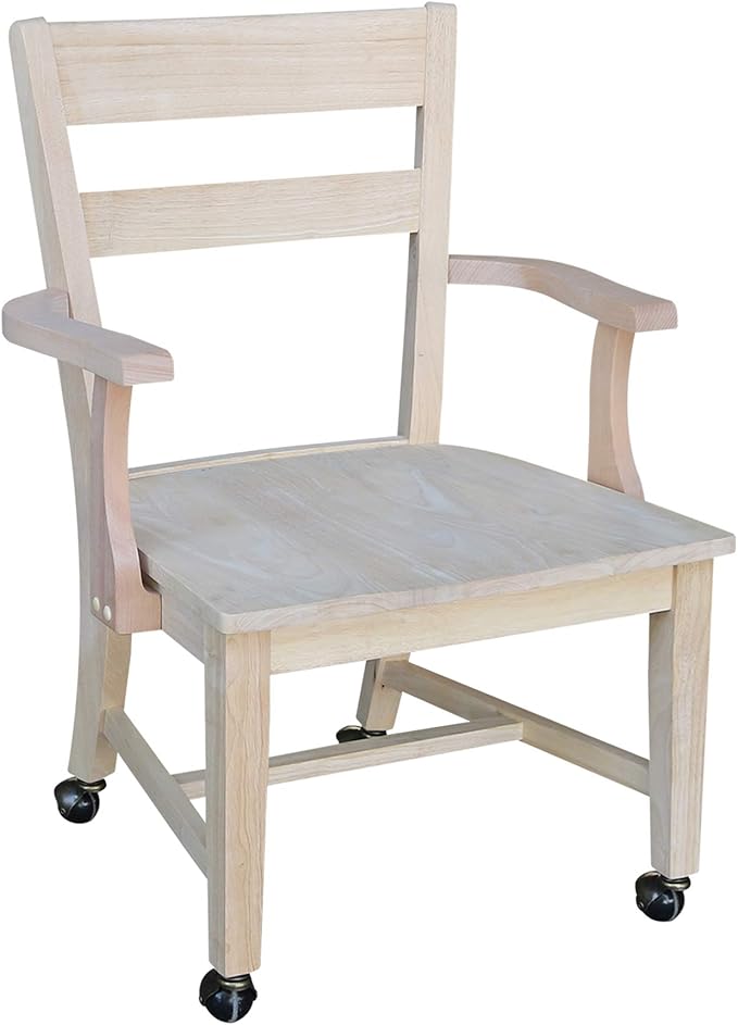 IC International Concepts Dining Chair with Casters, 225lbs wt Capacity, Solid Real Wood, Sturdy Parawood, 24.4"W x 22"D x 35"H, DIY, Paint/Stain Ready, Unfinished