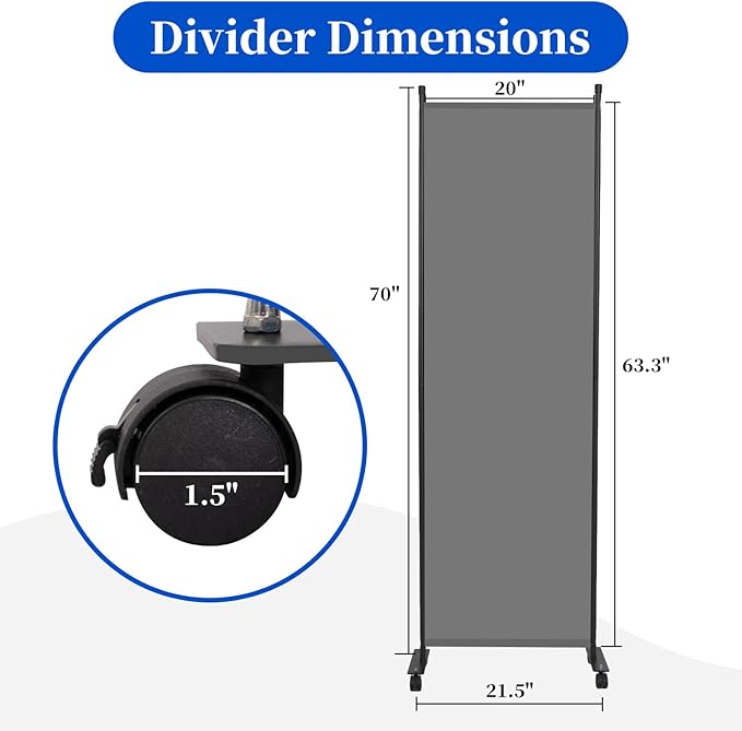 Room Divider 6FT Room Partition with Lockable Wheels, 1 Panel (Thicked Metal Base) Room Dividers, Freestanding Indoor Folding Privacy Screens, Portable Fabric Wall Divider for Room Separation, Grey
