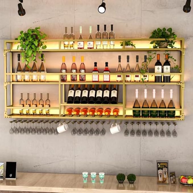 Metal Wall-Mounted Wine Rack with LED Light - 3 Tier Wine Storage Display Rack with Glass Holder - Space-Saving Bottle Display Shelf for Home Bars, Dining Rooms(Gold, 47in/120cm)