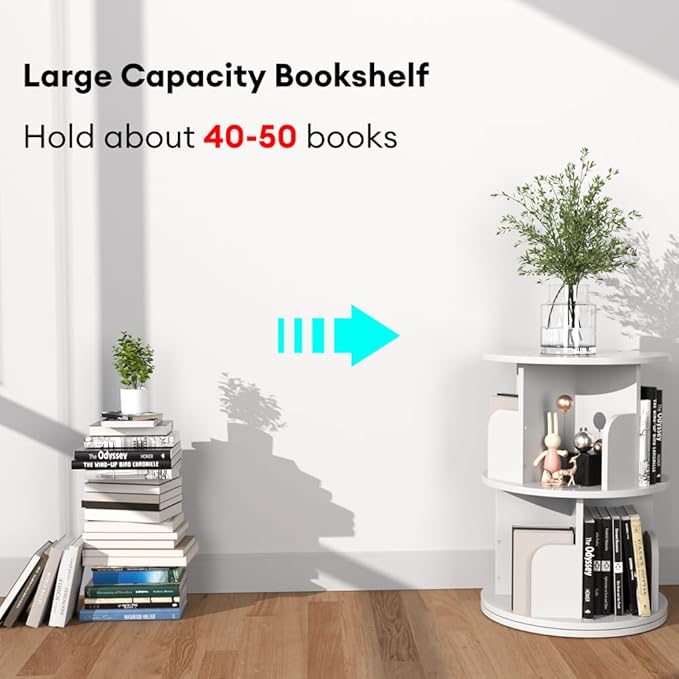 Nidouillet Rotating Bookshelf, Revolving Bookcase 360 Display Round Bookshelf, High-Density MDF Wood Narrow Swivel Corner Book Shelf Standing Bookcase for Adult Bedroom, Living Room (White, 2 Tier)