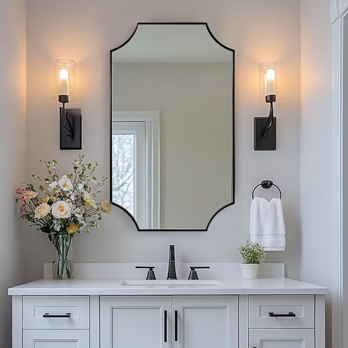 ANDY STAR 24x40 Matte Black Mirror, Scalloped Mirror for Bathroom, Black Vanity Mirror, Unique Rectangle Bathroom Mirror with Aesthetic Scalloped Edge Design Ideal for Home Decor