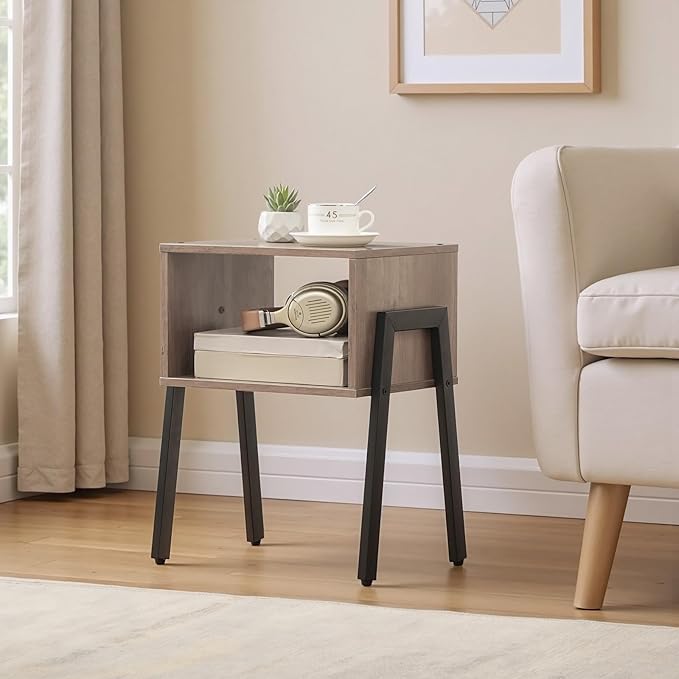 HOOBRO Nightstands Set of 2, Stackable End Table, Side Table, Bedside Tables with Open Storage Shelf, for Bedroom, Living Room, Greige and Black BG38BZP201