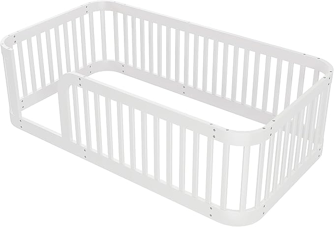 Bellemave Twin Floor Bed with High Fence and Rounded Corner Design, Wood Montessori Floor Bed with Guardrail and Entrance, Easy Assemble Montessori Bed Twin Size, White