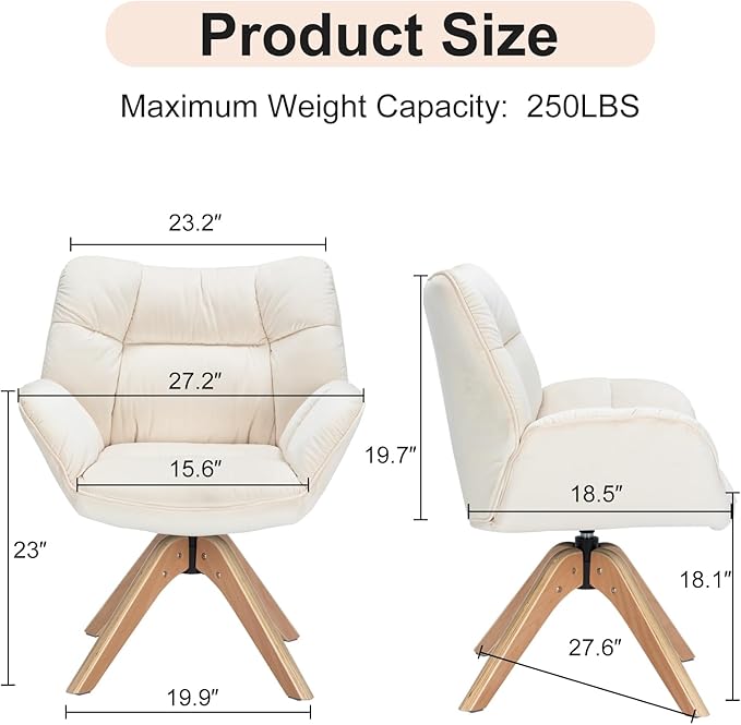 Mid Century Accent Chair, Fabric Desk Chair, Modern Cozy Vanity Chair no Wheelwith Wood Legs, Upholstered Single Boucle Armchair for Living Room Bedroom Office Guest Room Dining Room (Beige)