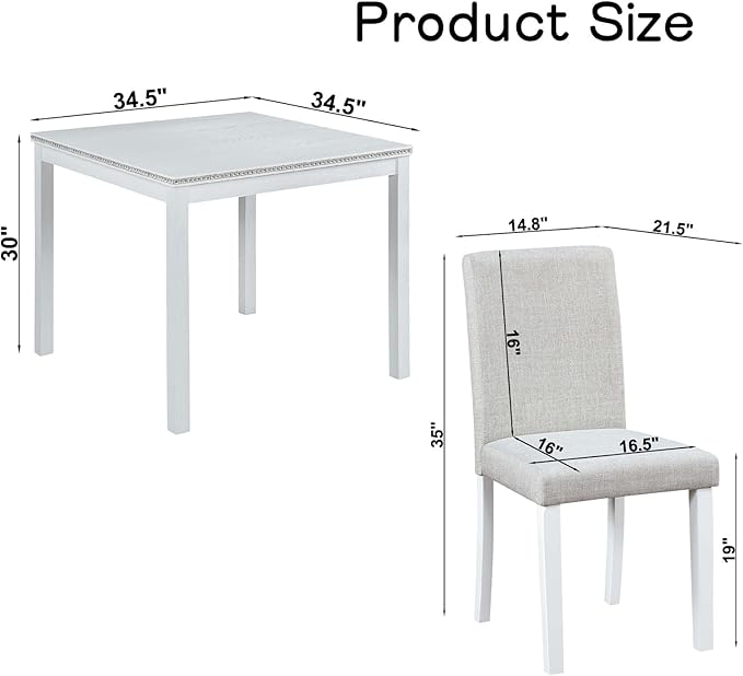 Dining Table Set for 4, 5-Piece Kitchen Table & Chairs Set with Versatile Square Table & 4 Upholstered Chairs, 34.5'' Dinner Set with Crystal Decorations & Wood Grain Design, Light White