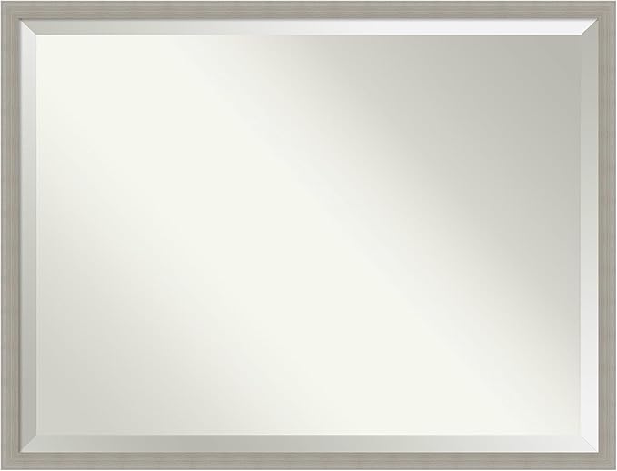 Amanti Art Grey Wall Mirror 32x42 Woodgrain Stripe Grey Rectangle Bathroom Mirror for Wall Decor Living Room, X-Large Casual Wood Frame, Hangs Horizonally and Vertically, Bathroom Decor, Beveled Edge