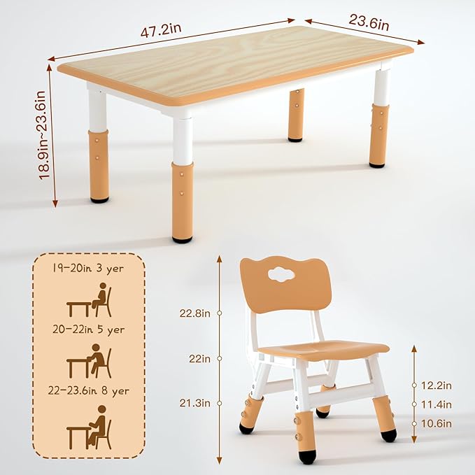 Kids Table and 4 Chairs Set，Height Adjustable Children Table & Chair，Toddlers Study Multi-Activity Table with 47.2"x23.6" Wipe-Clean Desktop，for Classrooms, Homes & Daycares