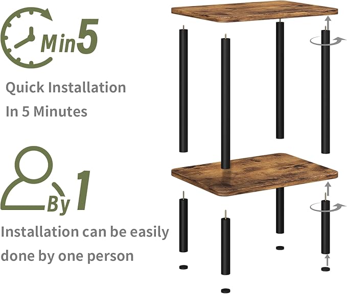 Apicizon 2 Tier End Table, Small Side Table with Solid Wood Legs, Boho Bedside Table with Storage Shelf, Nightstand for Small Spaces, Bedroom, Living Room, Entryway, Farmhouse, Easy Assembly, Brown