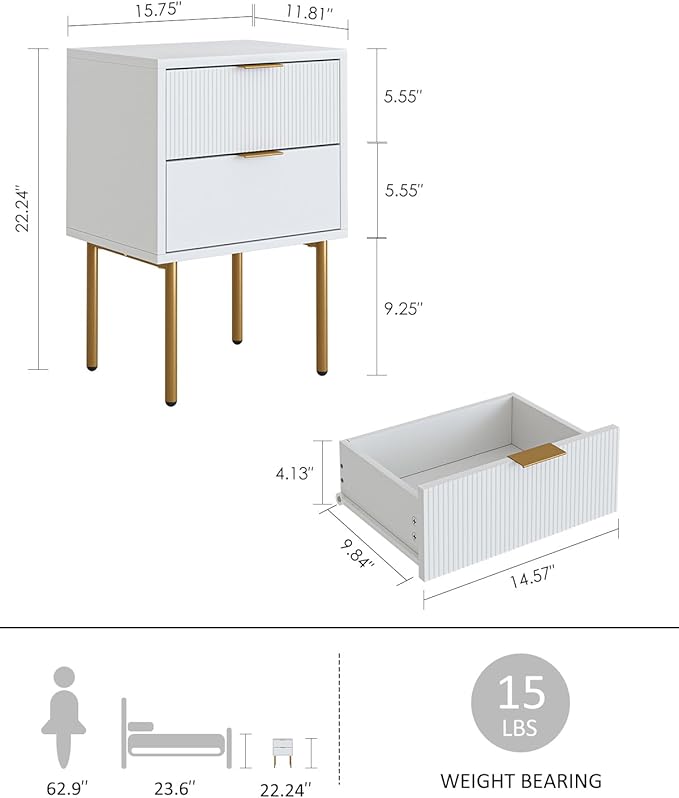 Nightstand,Small Bedside Table with Gold Frame,Morden Night Stand with 2 Drawer,End Table,Side Table with Drawer and Shelf for Bedroom,Living Room (White-2Drawer)