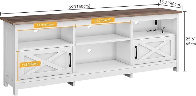 DWVO TV Stand for up to 65 Inch TV, Entertainment Center with Storage, TV Cabinet with Power Outlet & LED Light Strip, Media Console Television Stands for Living Room, White & Walnut