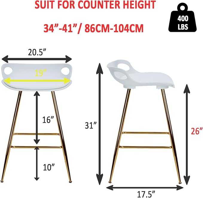 Sidanli Bar Stools Set of 2, Gold Bar Stools, Counter Height Stools with Leather Padded Seats and Footrests, 26 Inch White Barstools for Kitchen Island, Farmhouse or Home Bar