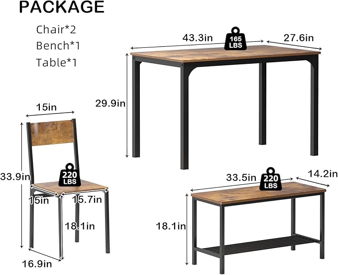 SogesHome Kitchen Table Set for 4, Compact Dining Table Chair Set with Bench, Built-in Storage Racks, Metal Frame, for Apartment, Restaurant, Vintage Brown