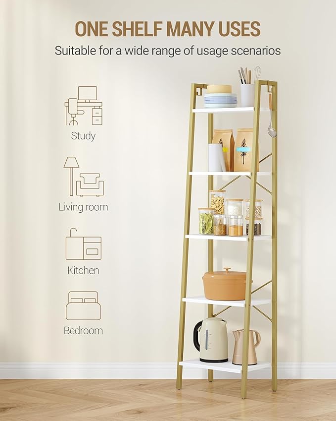 Ladder Shelf, Bookshelf Bookcase, Freestanding Corner Storage Shelve with 2 Hooks for Home Office, Living Room, Kitchen, Bedroom, Industrial, 5-Tier White Gold BC19213G