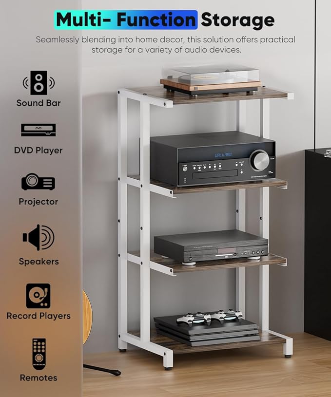 4-Tier Wooden Media Stand, AV Media Stand Corner Shelf for TV Accessories/Audiovisual Equipment/Optical Disc/PS4, Audio Storage Rack for Living Room, Gaming Room, Music Studio, White