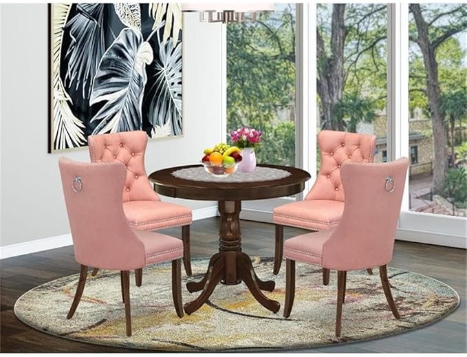 East West Furniture ANDA5-AWA-23 5 Piece Dinette Set Consists of a Round Dining Table with Pedestal and 4 Polyester Fabric Parson Kitchen Chairs, 36x36 Inch, Antique Walnut