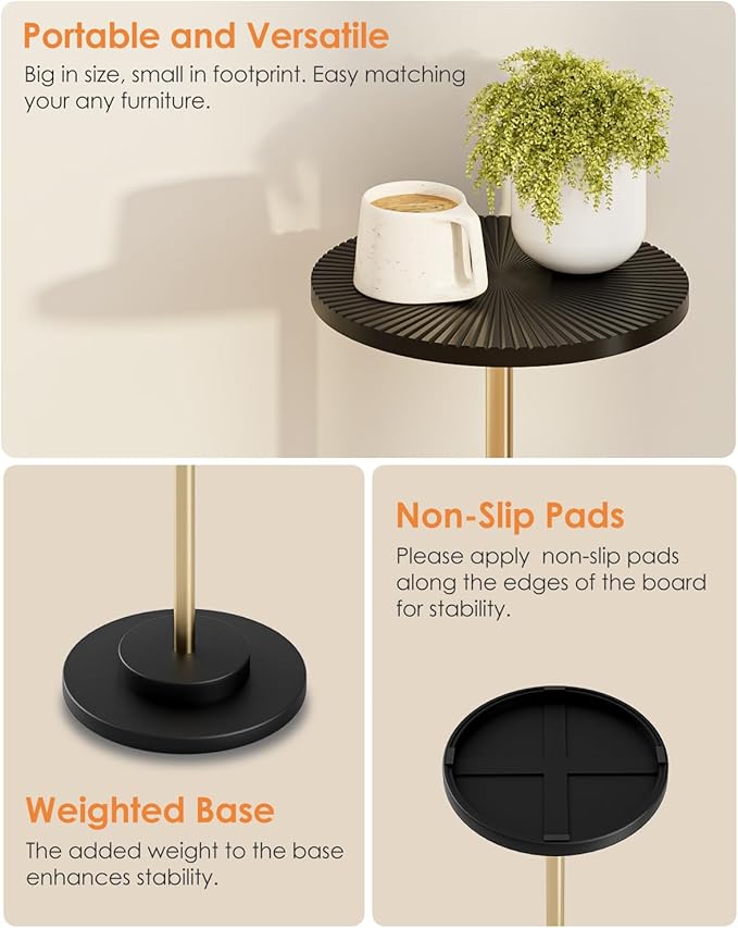 Round Side Table, Small Drink Table for Small Spaces, Modern Accent End Table Coffee Table with Metal Leg for Living Room, Bedroom, Corners, and Office (Black Gold)