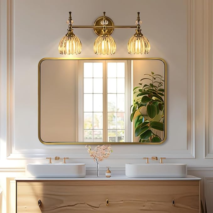 ANDY STAR 48x32 Inch Gold Bathroom Mirror, Brushed Gold Mirrors for Wall in Anti-Rust SUS304 Tube Metal Frame, Rounded Rectangle Mirrors 1’’ Deep Wall Mounted Vertically/Horizontal for Bathroom