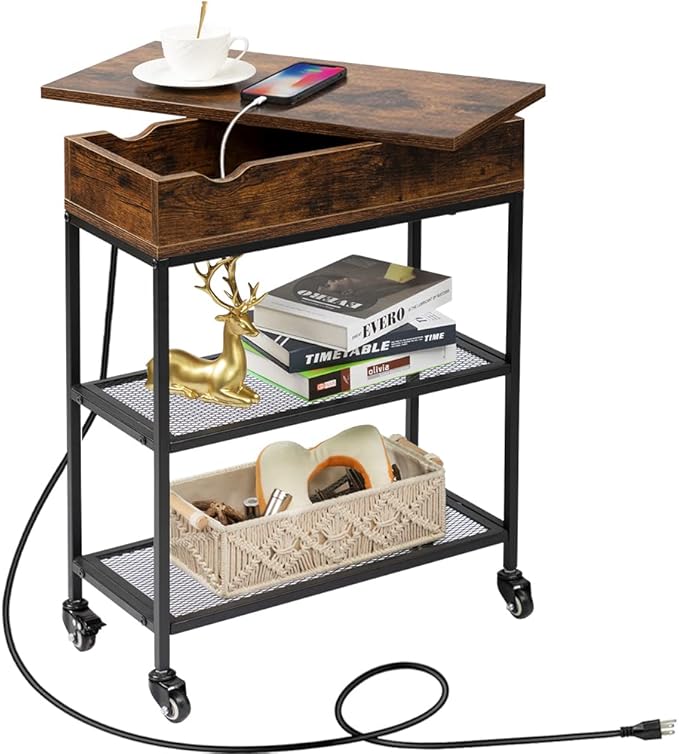 Hadulcet End Table with Charging Station, Couch End Tables Rotating Top Skinny Nightstand with Outlet for Living Room Bedroom Rustic Brown