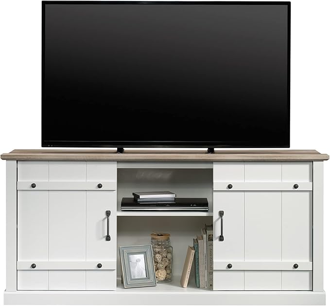 Sauder Miscellaneous Entertainment Farmhouse TV Stand, for TVs up to 70", Soft White Finish