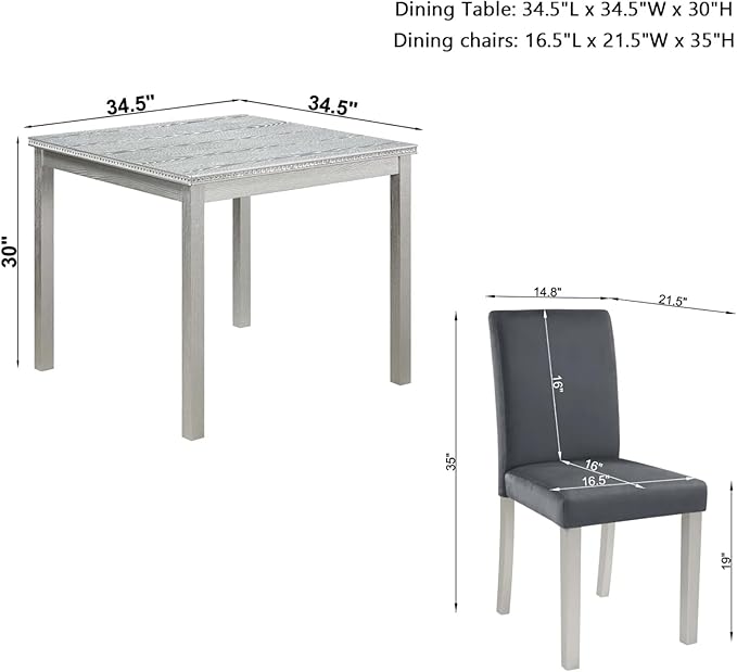 Dining Table Set for 4, 5-Piece Dining Room Table Set with Square Crystal Decoration Table & 4 Upholstered Backrest Chairs, Counter Height Kitchen Sets with Faux Wood Grain Design, Grey