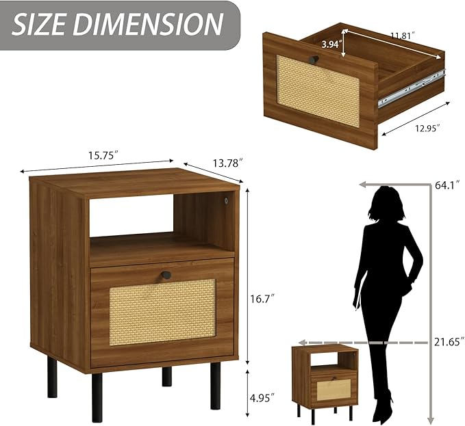 Rattan Nightstand with Storage Boho Modern Farmhouse Bedside Table with Drawer & Open Shelf Light Wood End Table for Bedroom, Living Room, Office, Dorm - Natural Walnut 0ak Color