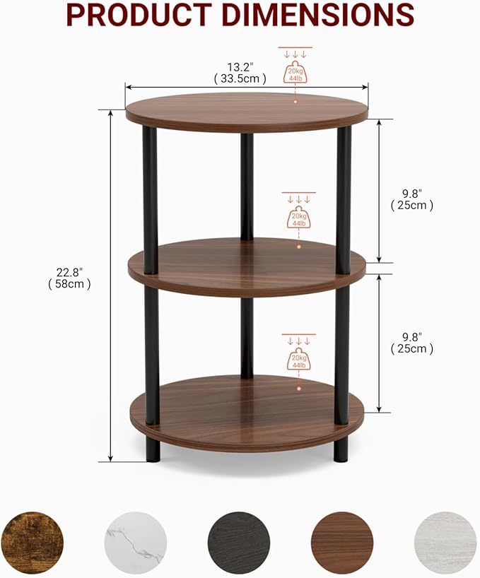 Small Round End Table - 3 Tier Design Accent Table, Narrow Side or Bedside Stand, Industrial Vintage Nightstand for Bedroom, Living Room, or Small Spaces, Set of 2, Rustic Walnut