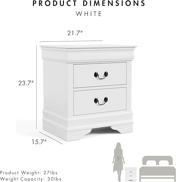 Furniture of America Arabella Traditional Solid Wood Nightstands Set of 2, Bedside Table with Drawers and Antique Nickle Handles, No Assembly Wooden Night Stands for Bedrooms, Guest Room, Dorm, White