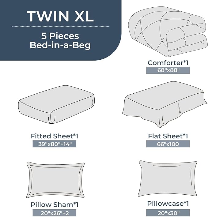 HEVUMYI Twin-XL Comforter Set - 5-Piece All Season Bed in a Bag Twin-XL, Ultra Soft Bedding Set with Comforter, Flat Sheet, Fitted Sheet, Pillowcases, Pillow Shams, Black & Light Grey