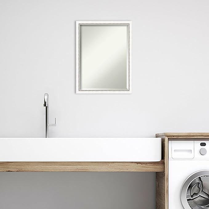 Amanti Art White Bathroom Mirror for Over Sink, 26x20 Morgan White Silver Rectangle Vanity Mirror, Medium Modern Contemporary Wood Frame, Hangs Horizonally and Vertically, Bathroom Wall Decor, Beveled