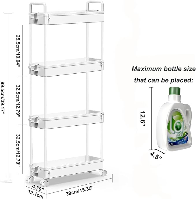 SOLEJAZZ Slim Rolling Storage Cart with Wheels 4 Tier Skinny Bathroom Storage Organizer Narrow Shelf Unit Thin Laundry Room Utility Cart for Bedside Kitchen Office Next to Fridge Small Places, White