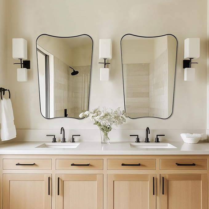 Black Bathroom Vanity Mirrors, 24 x 36 Irregular Wall Mirror with Black Trim Frame, Modern Asymmetrical Wall Mirror, Unique Shaped Decorative Mirrors for Living Room, Bedroom, Fireplace