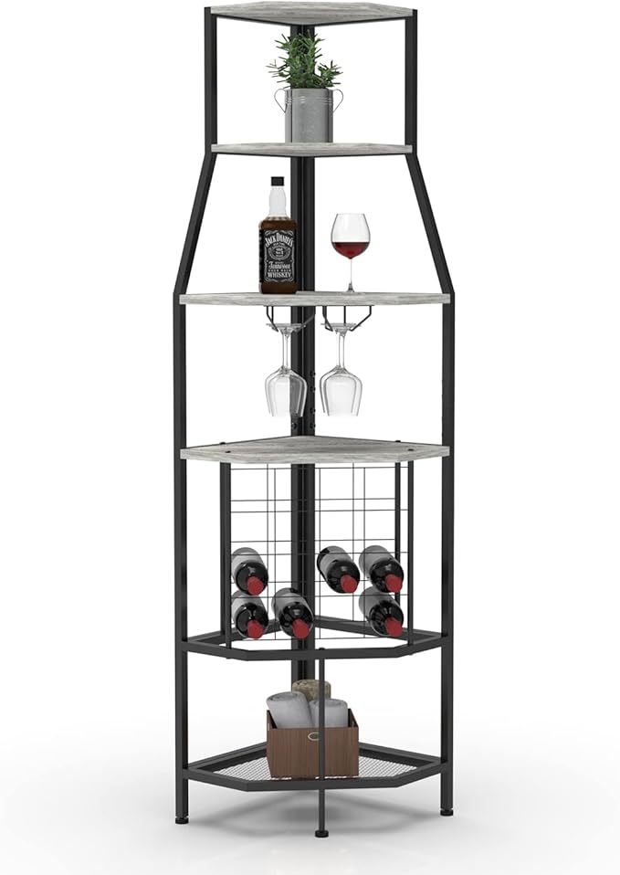 5-Tier Corner Wine Rack Floorstanding with Glass Holder and Bottles Wine Storage Home Bar Furniture for Home Kitchen Dining Room Industrial Metal and Wooden Corner Shelf