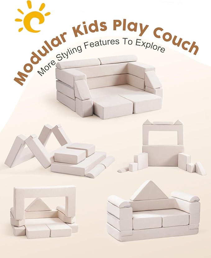 ROBUD Kids Couch, Beige Modular Kids Play Couch, DIY-Style & Washable Toddler Sofa for Playroom, Bedroom, Nursery, WG411