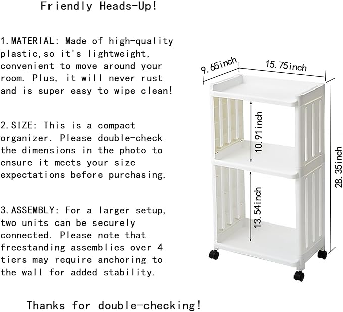 3 Tier Rolling Storage Cart Organizer Shelf on Wheels Movable Organization Rack with Wheels Shelving Unit Trolley for Bathroom Laundry Room Office Utility Cart (Taller Size)