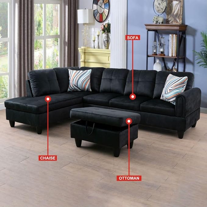 Black L-Shaped 3-Piece Flannel Sofa with Storage Ottoman Set, Sectional Couch Sofa Set for Living Room, Office, Small Space