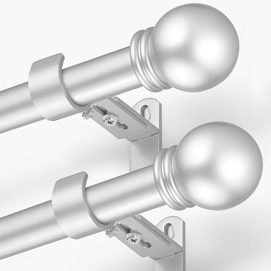 Curtain Rods for Windows 16 to 120 Inches, Curtain Rod Max Adjustable Length of 132 IN, 1" Diameter Drapery Rods Round Finials, Satin Silver, Pack of 2