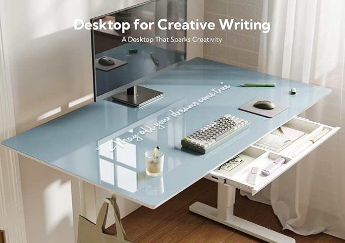INNOVAR Glass Standing Desk with Drawers, Adjustable Height Stand Up Desk, Electric Standing Desks with Storage, 55 inch, Morandi Blue