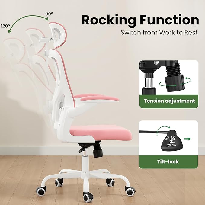 Ergonomic Office Chair, Comfy Home Office Chair High Back Computer Chair with Headrest, Adjustable Back Support, Flip-Up Arms, 90-120° Tilt and Wide Cushion, Up to 300lbs, Pink+White
