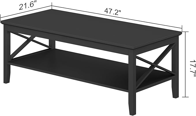 ChooChoo Coffee Table with Thicker Legs, Black Wood Coffee Table with Storage for Living Room, 47 inch