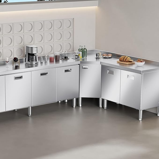 ZZV 59 inch Stainless Steel Prep Table with Storage Stainless Steel Cabinet for Prep & Work Commercial Worktable with Cabinet and 3 Doors for Kitchen, Restaurant, Hotel, Garage, Warehouse, Outdoor